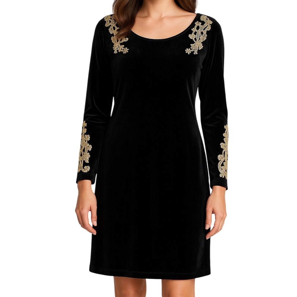 Monroe & Main Black Velvet Dress Gold Lace Embroidered Sleeves Holiday Sz Large